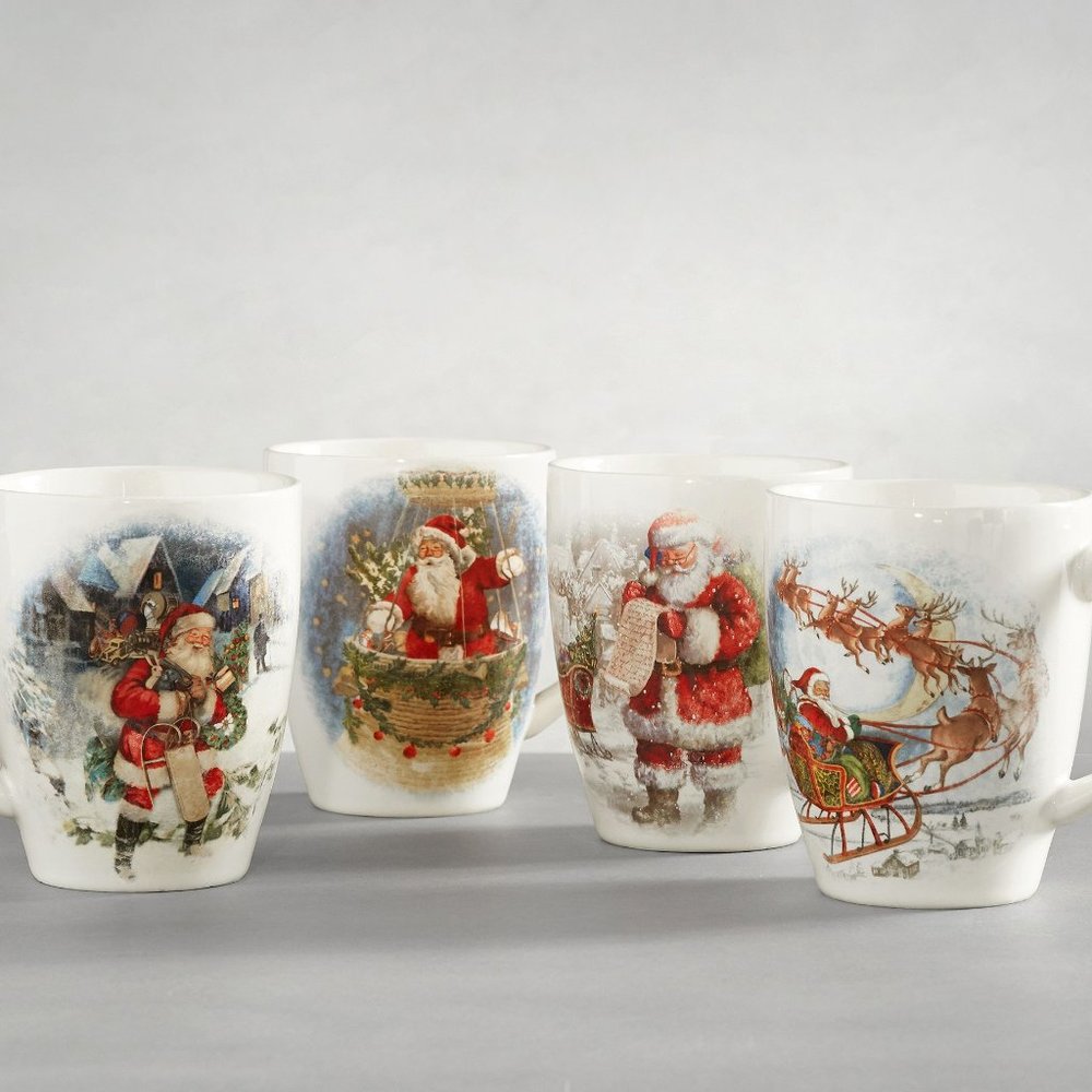 NEW RARE Pottery Set of 4 Pottery Barn Nostalgic Santa Mugs 10.75 OZ Stoneware